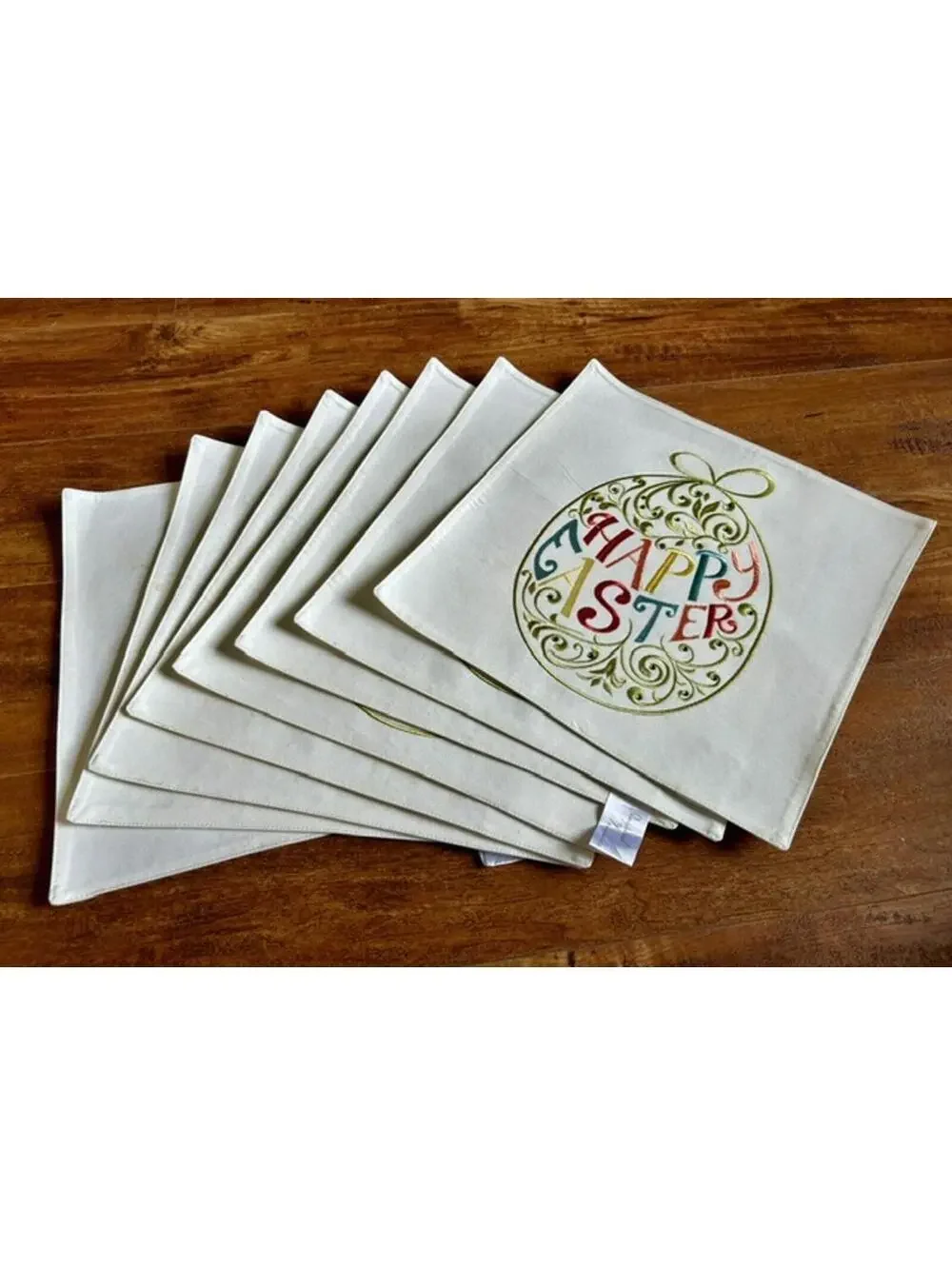 Set of 8 White Cotton Napkins with Embroidered Happy Easter Design
